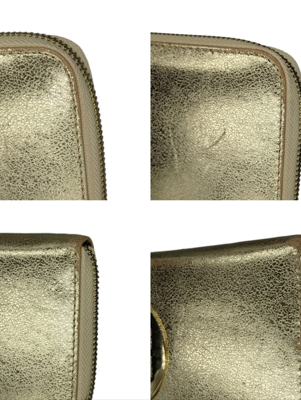 Tory Burch Wallet Large Logo Golden Metallic Leather Zip Around Continental Long